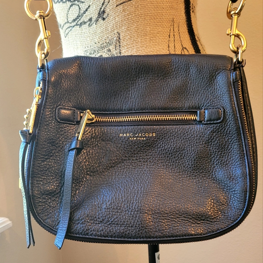 Marc Jacob Blk Genuine Leather Recruit Saddle Bag w/Goldtone Hardware